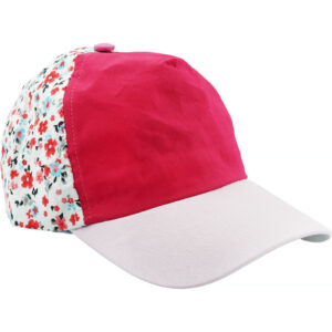 Το Georgia Accessories καπέλο Jockey «Flowery» είναι ένα καπέλο του μπέιζμπολ με ροζ μπροστινό μέρος, λευκό χείλος και λουλουδάτο μοτίβο στο πλάι και πίσω.
